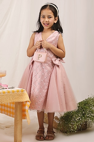 Pastel Pink Satin & Soft Tulle Embellished Dress For Girls by Les Petits