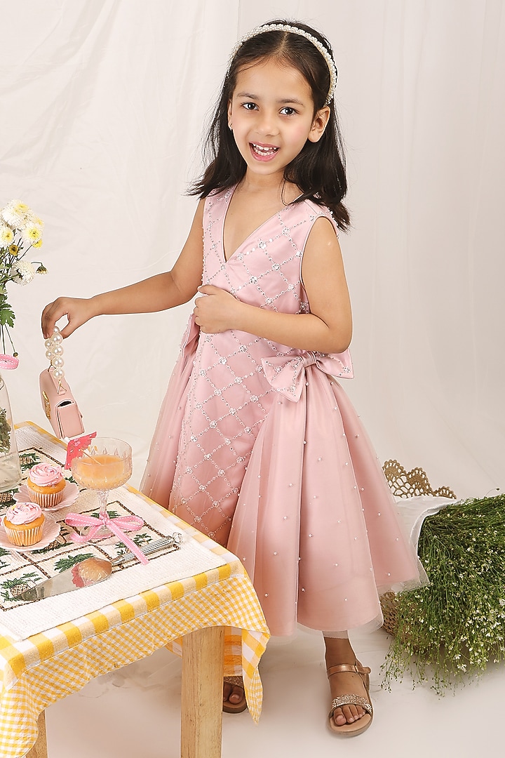 Pastel Pink Satin & Soft Tulle Embellished Dress For Girls by Les Petits at Pernia's Pop Up Shop