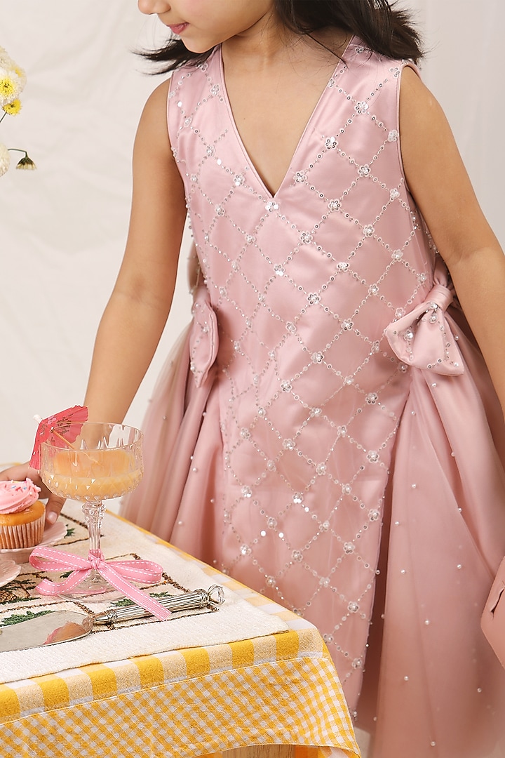 Pastel Pink Satin & Soft Tulle Embellished Dress For Girls by Les Petits at Pernia's Pop Up Shop