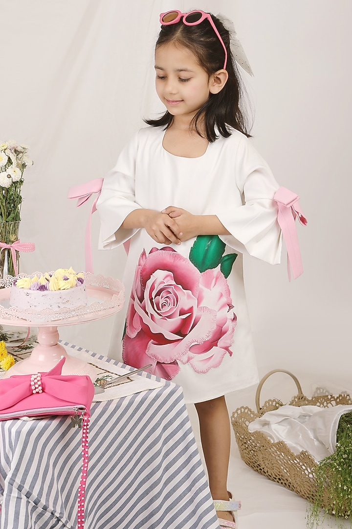White Banana Crepe Hand Painted A-Line Dress For Girls by Les Petits at Pernia's Pop Up Shop
