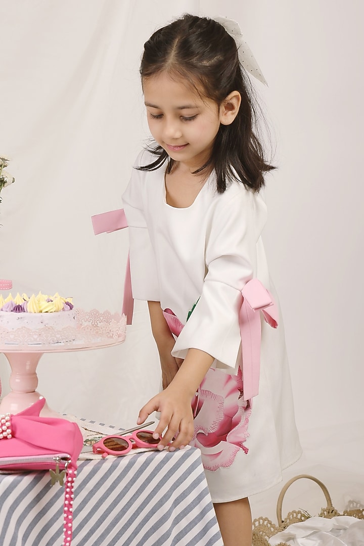 White Banana Crepe Hand Painted A-Line Dress For Girls by Les Petits at Pernia's Pop Up Shop