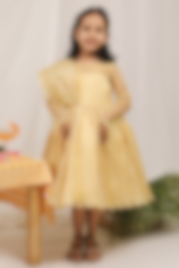 Golden Yellow Satin & Crinkled Fabric Embellished Gown For Girls by Les Petits at Pernia's Pop Up Shop