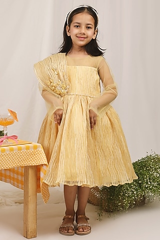 Golden Yellow Satin & Crinkled Fabric Embellished Gown For Girls by Les Petits