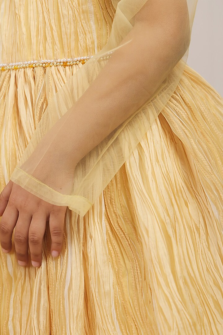 Golden Yellow Satin & Crinkled Fabric Embellished Gown For Girls by Les Petits at Pernia's Pop Up Shop