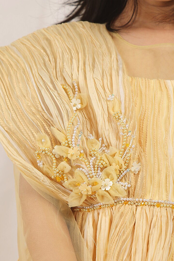 Golden Yellow Satin & Crinkled Fabric Embellished Gown For Girls by Les Petits at Pernia's Pop Up Shop