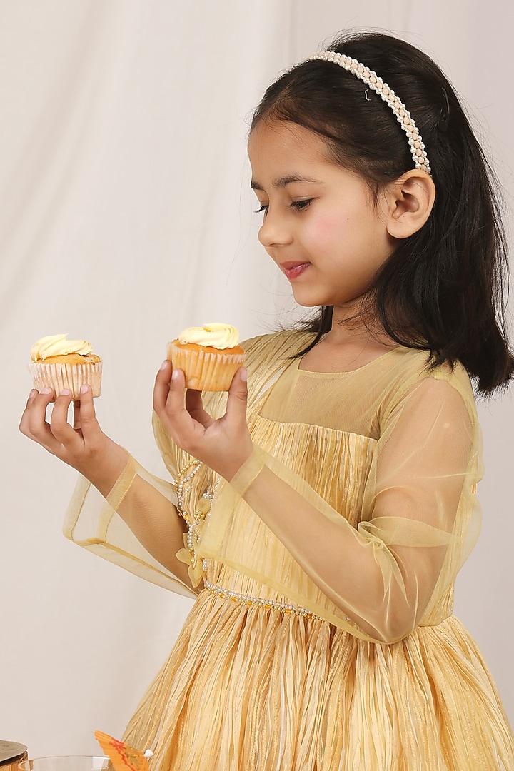 Golden Yellow Satin & Crinkled Fabric Embellished Gown For Girls by Les Petits at Pernia's Pop Up Shop