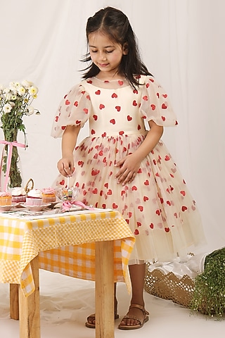 Ivory Satin & Tulle Heart Printed Gown For Girls by Les Petits