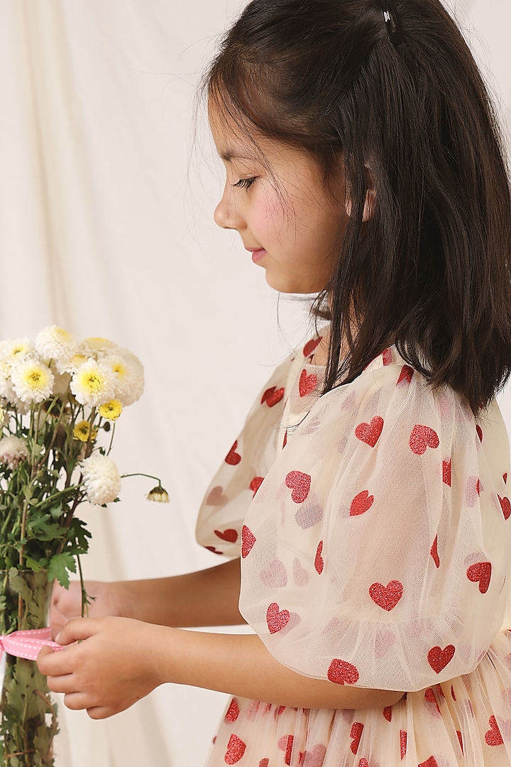 Ivory Satin & Tulle Heart Printed Gown For Girls by Les Petits at Pernia's Pop Up Shop