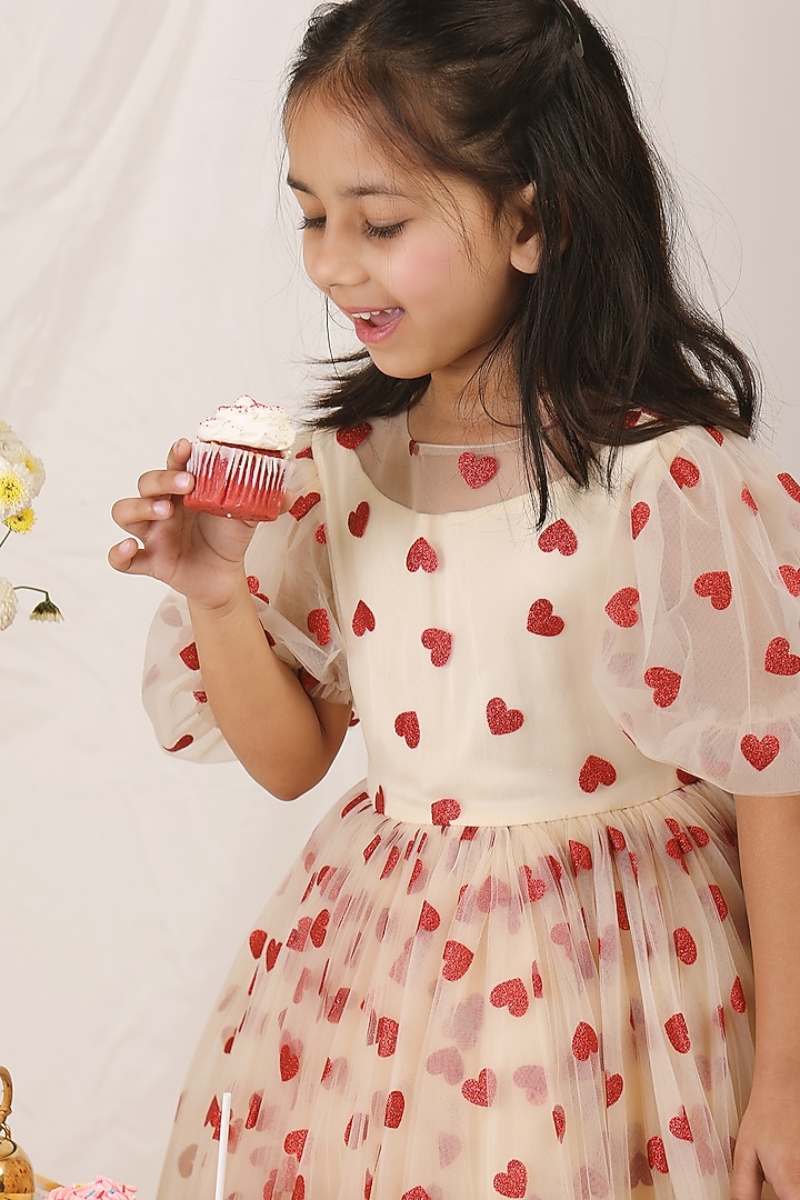 Ivory Satin & Tulle Heart Printed Gown For Girls by Les Petits at Pernia's Pop Up Shop