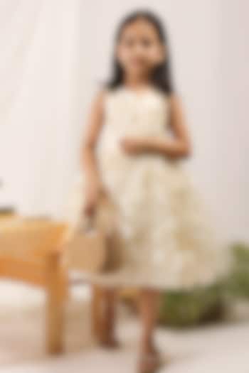 Ivory Satin & Tulle Floral Applique Dress For Girls by Les Petits at Pernia's Pop Up Shop