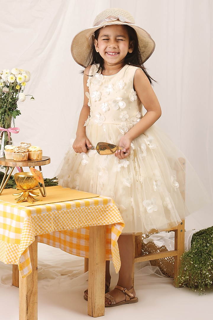 Ivory Satin & Tulle Floral Applique Dress For Girls by Les Petits at Pernia's Pop Up Shop