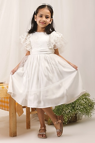 White Satin & Tulle Dress For Girls by Les Petits