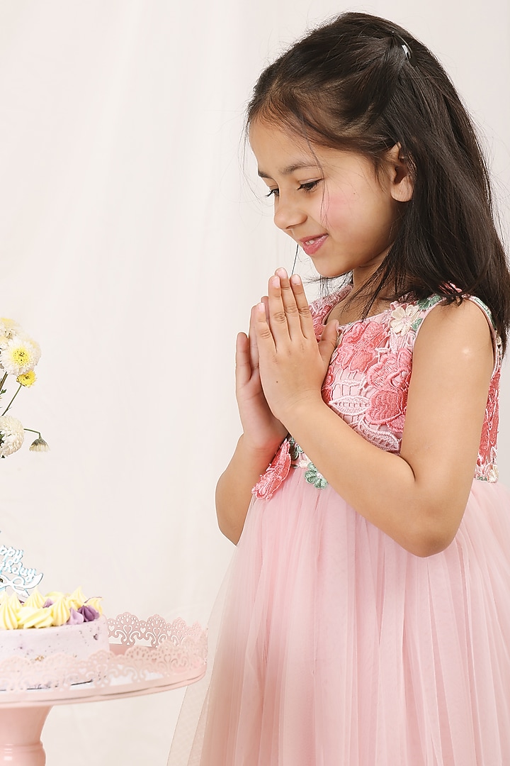 Pastel Pink Satin Floral Embroidered Dress For Girls by Les Petits at Pernia's Pop Up Shop