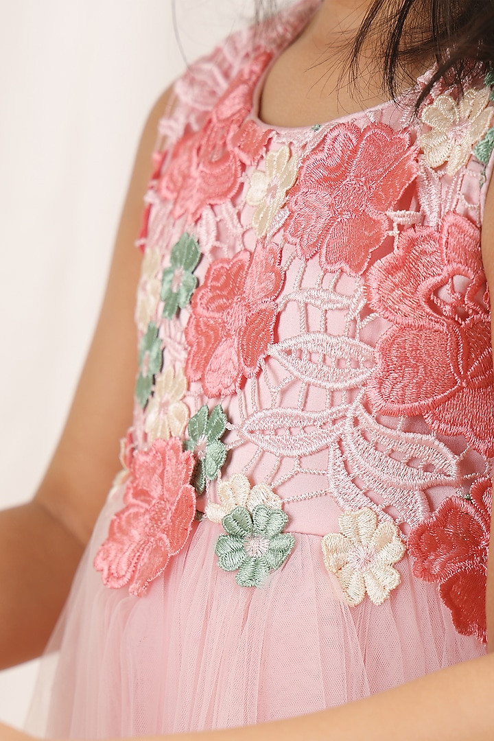Pastel Pink Satin Floral Embroidered Dress For Girls by Les Petits at Pernia's Pop Up Shop