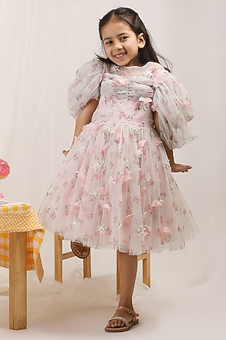 Pink Satin Floral Embroidered Dress For Girls by Les Petits