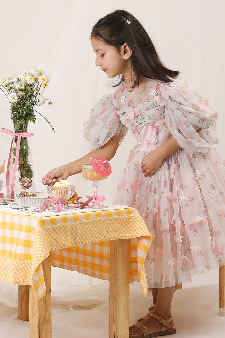 Pink Satin Floral Embroidered Dress For Girls by Les Petits at Pernia's Pop Up Shop