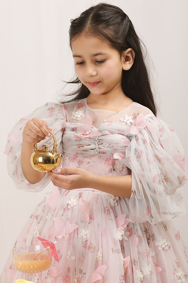 Pink Satin Floral Embroidered Dress For Girls by Les Petits at Pernia's Pop Up Shop