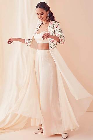 Ivory Embroidered Jacket Set by Sanjev Marwaaha