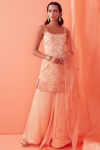 Peach Embroidered Kurta Set by Sanjev Marwaaha