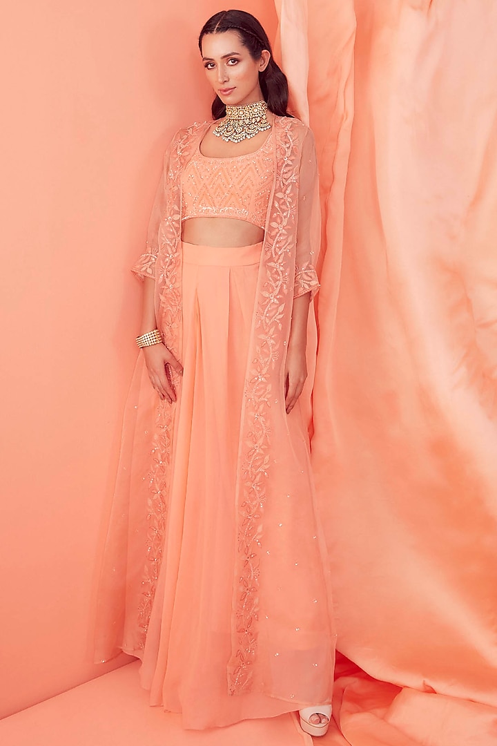 Peach Embroidered Jacket Set by Sanjev Marwaaha