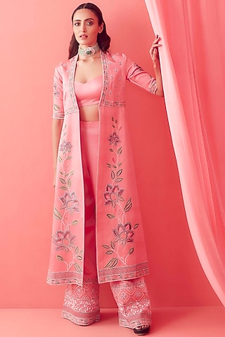 Soft Pink Embroidered Jacket Set by Sanjev Marwaaha