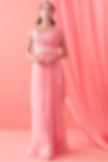 Soft Pink Modal & Georgette Draped Saree Set by Sanjev Marwaaha