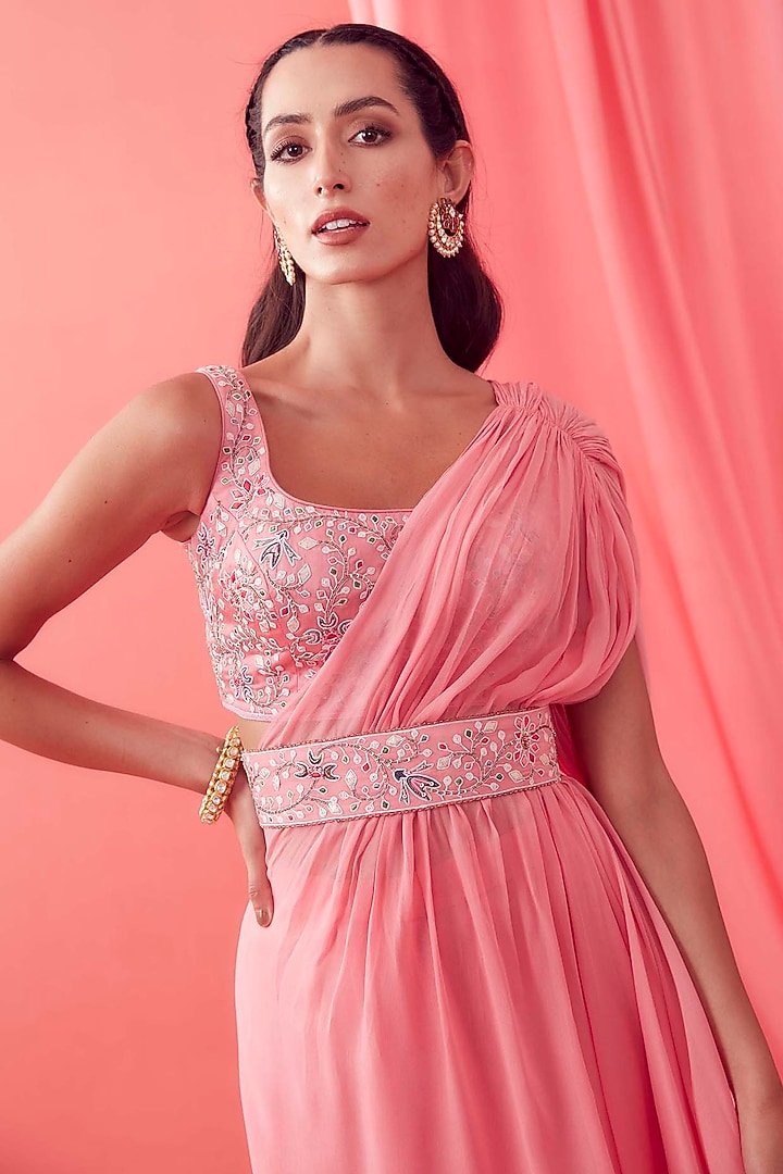 Soft Pink Modal & Georgette Draped Party Wear Saree Set by Sanjev Marwaaha at Pernia's Pop Up Shop