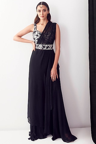 Black Embroidered Draped Saree Set by Sanjev Marwaaha