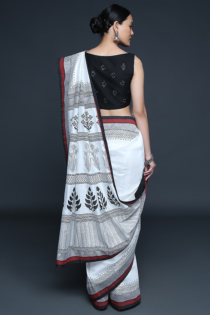 Ivory Chanderi Motif Hand Block Printed Party Wear Saree Set by Sanjev Marwaaha at Pernia's Pop Up Shop
