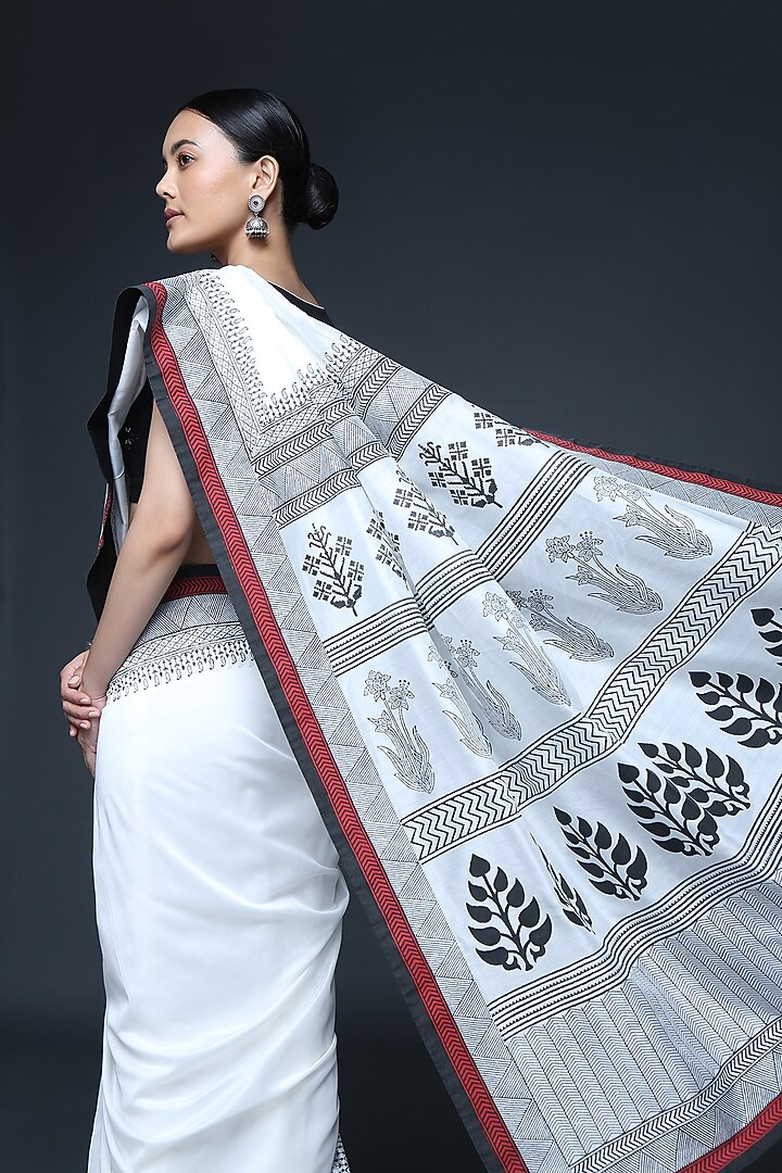 Ivory Chanderi Motif Hand Block Printed Party Wear Saree Set by Sanjev Marwaaha at Pernia's Pop Up Shop