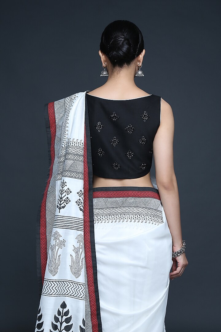 Ivory Chanderi Motif Hand Block Printed Party Wear Saree Set by Sanjev Marwaaha at Pernia's Pop Up Shop