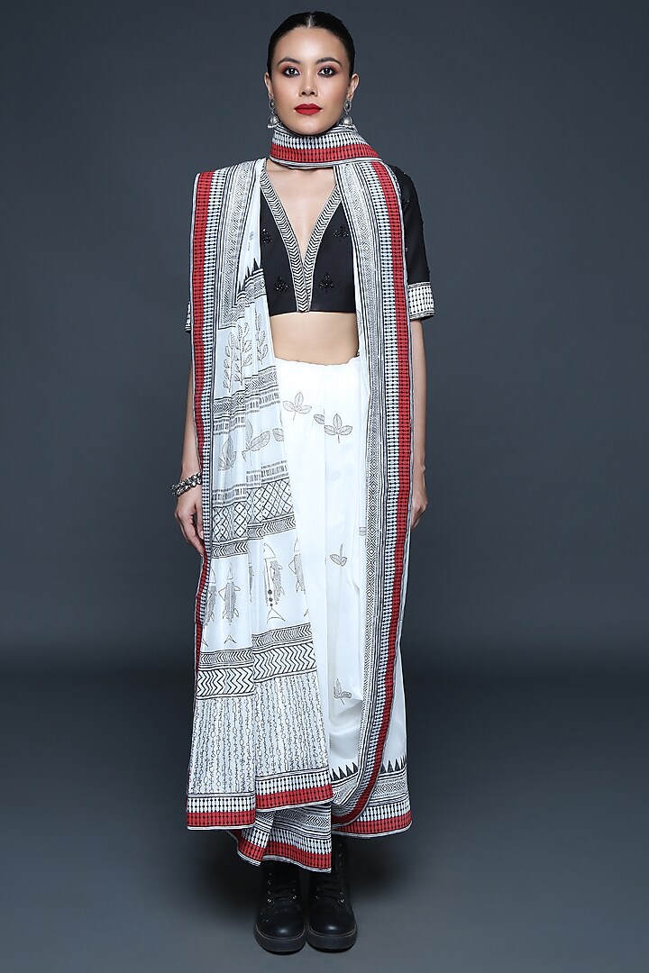 Ivory Chanderi Hand Block Printed Party Wear Saree Set by Sanjev Marwaaha at Pernia's Pop Up Shop