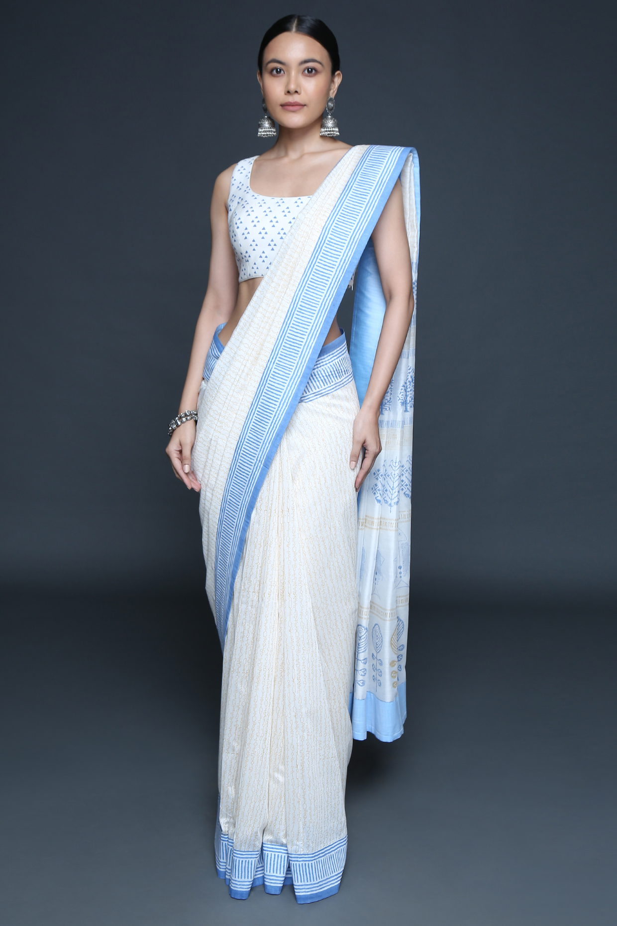 Ivory Chanderi Geometric Hand Block Printed Saree Set by Sanjev Marwaaha