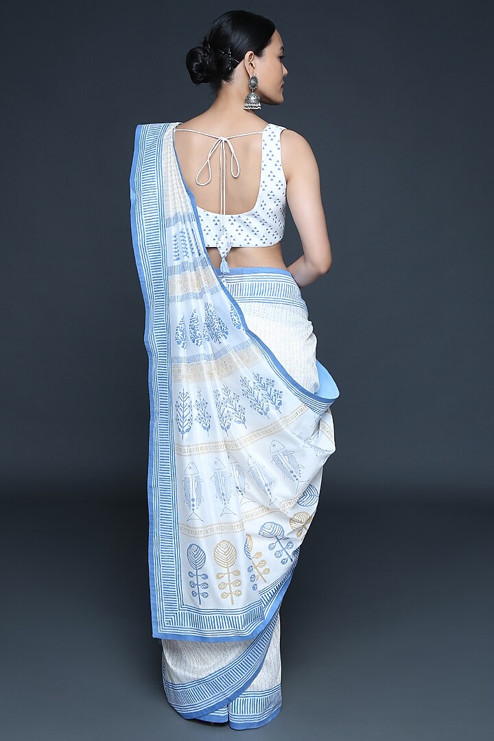 Ivory Chanderi Geometric Hand Block Printed Party Wear Saree Set by Sanjev Marwaaha at Pernia's Pop Up Shop