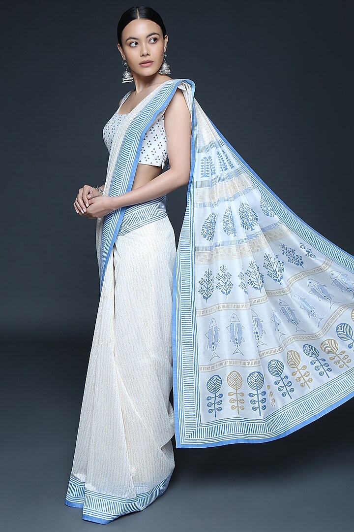 Ivory Chanderi Geometric Hand Block Printed Party Wear Saree Set by Sanjev Marwaaha at Pernia's Pop Up Shop