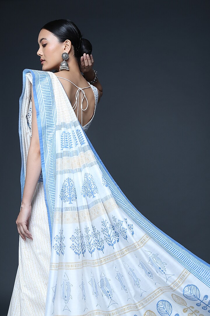 Ivory Chanderi Geometric Hand Block Printed Party Wear Saree Set by Sanjev Marwaaha at Pernia's Pop Up Shop