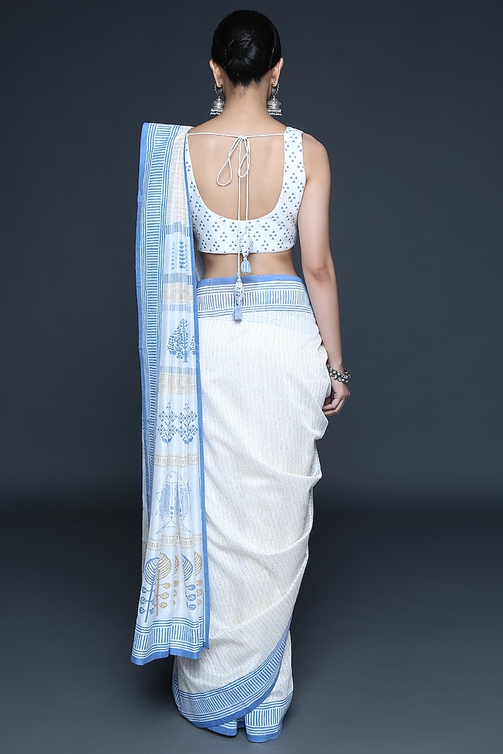 Ivory Chanderi Geometric Hand Block Printed Party Wear Saree Set by Sanjev Marwaaha at Pernia's Pop Up Shop