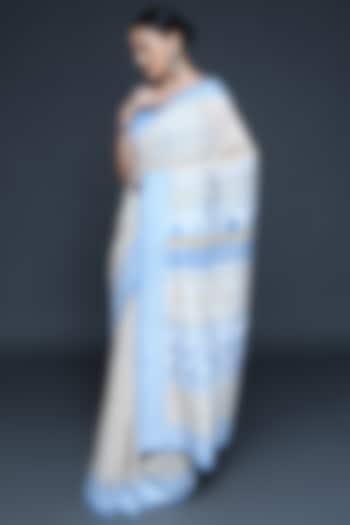 Ivory Chanderi Geometric Hand Block Printed Party Wear Saree Set by Sanjev Marwaaha at Pernia's Pop Up Shop