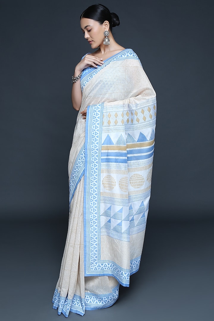 Ivory Chanderi Geometric Hand Block Printed Party Wear Saree Set by Sanjev Marwaaha at Pernia's Pop Up Shop