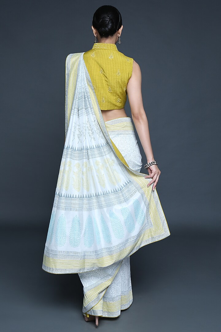 Ivory Chanderi Floral Hand Block Printed Party Wear Saree Set by Sanjev Marwaaha at Pernia's Pop Up Shop