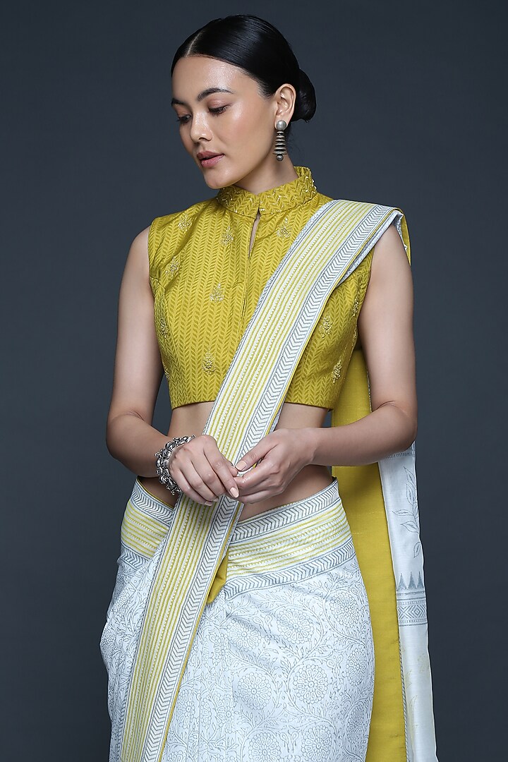 Ivory Chanderi Floral Hand Block Printed Party Wear Saree Set by Sanjev Marwaaha at Pernia's Pop Up Shop