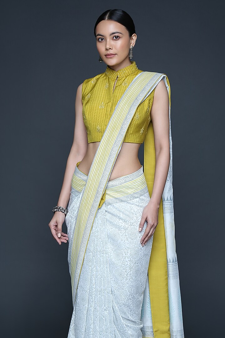 Ivory Chanderi Floral Hand Block Printed Party Wear Saree Set by Sanjev Marwaaha at Pernia's Pop Up Shop
