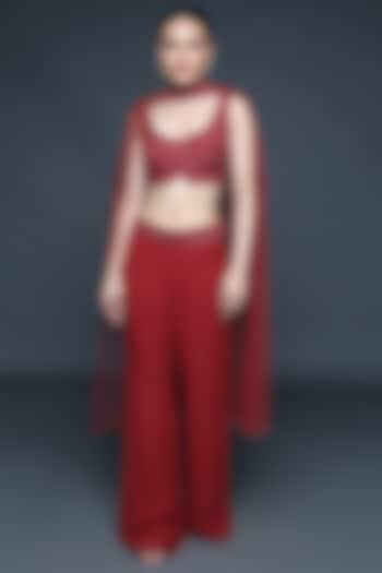 Mineral Red Georgette & Modal Embroidered Pant Set by Sanjev Marwaaha at Pernia's Pop Up Shop