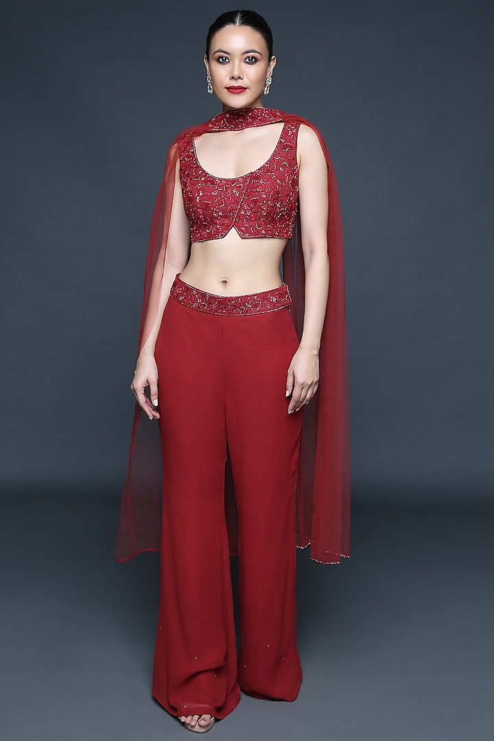 Mineral Red Georgette & Modal Embroidered Pant Set by Sanjev Marwaaha at Pernia's Pop Up Shop