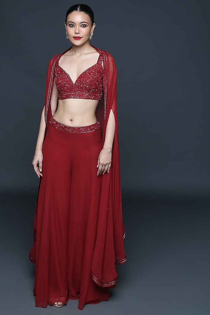 Mineral Red Georgette & Modal Embroidered Cape Set by Sanjev Marwaaha