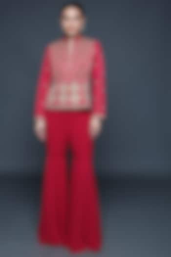 Cherry Red Modal & Georgette Pant Set by Sanjev Marwaaha