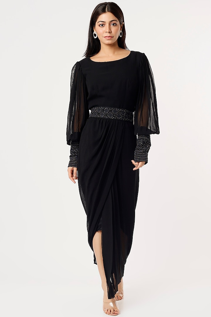 Black Hand Embroidered Gown With Belt by Sanjev Marwaaha