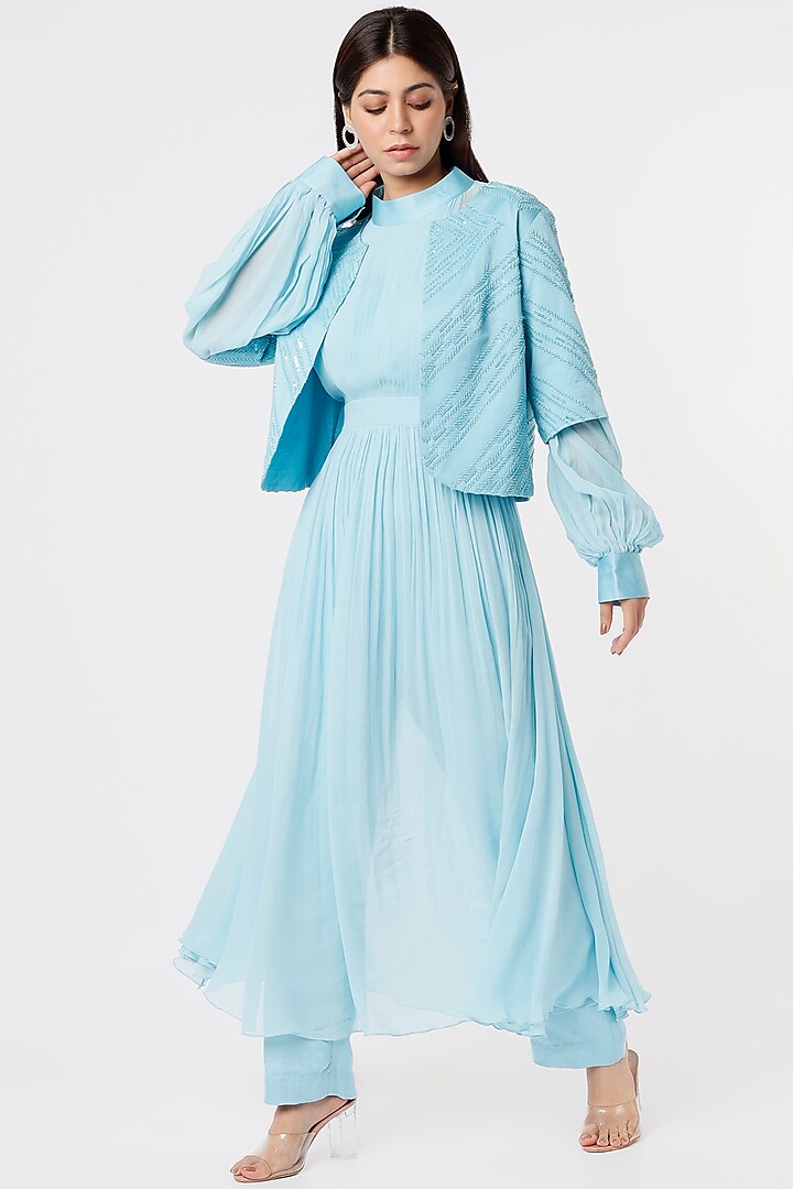 Sky Blue Pleated Tunic Set With Jacket Design by L'effet by Sanjev ...