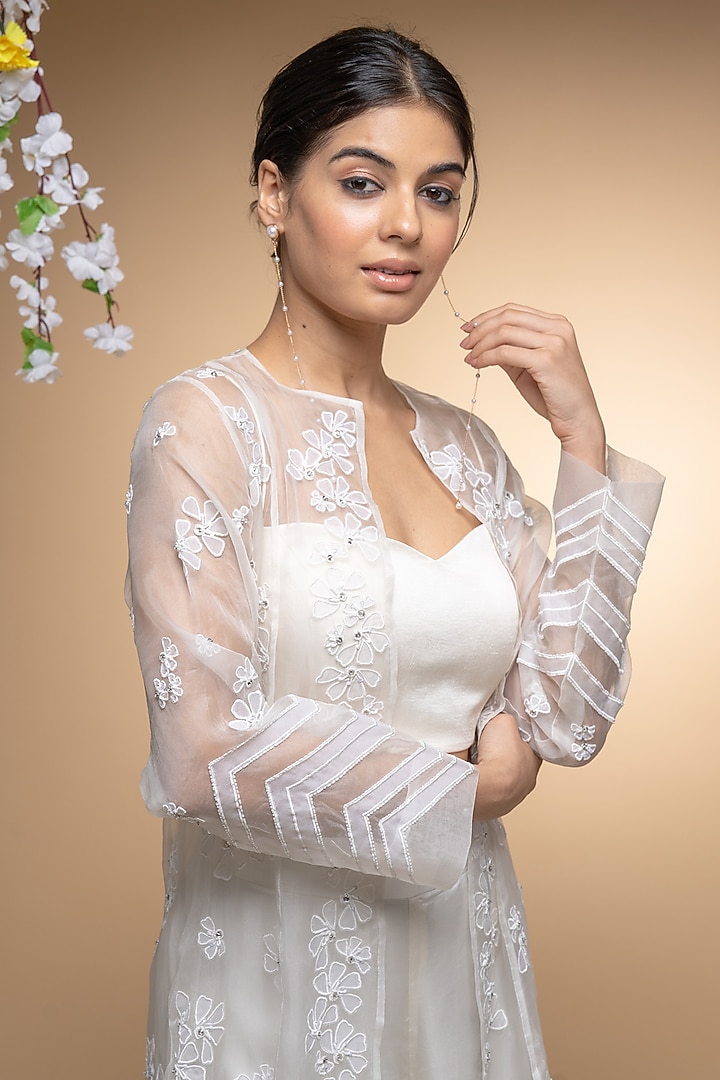 Ivory Organza Embroidered Jacket Set by Sanjev Marwaaha at Pernia's Pop Up Shop