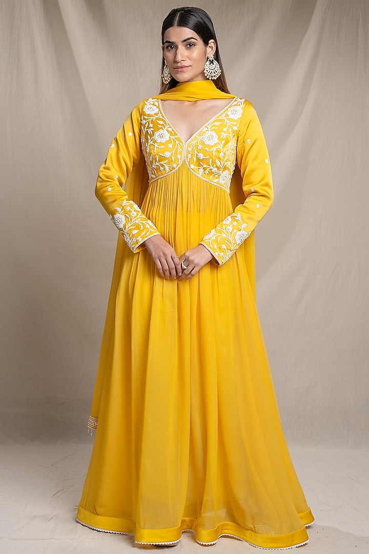 Yellow Modal & Georgette Embroidered Anarkali Set by Sanjev Marwaaha
